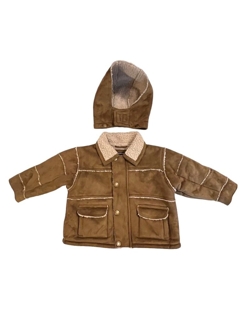 Big Chill Toddler Faux Suede Sherpa Lined Jacket Detachable Hood Zip Snap 12 mo